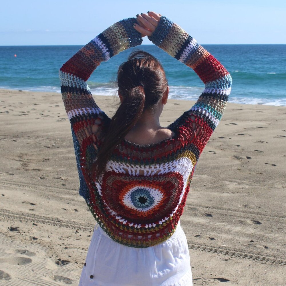 Crochet Handmade Evil Eye Third Eye Boho Hippie Pullover Sweater S/M/L